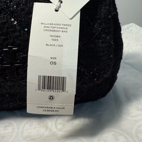 NWT Tory Burch Mini Willa Beaded Tweed Crossbody Top Handle Bag Black - Picture 3 of 5